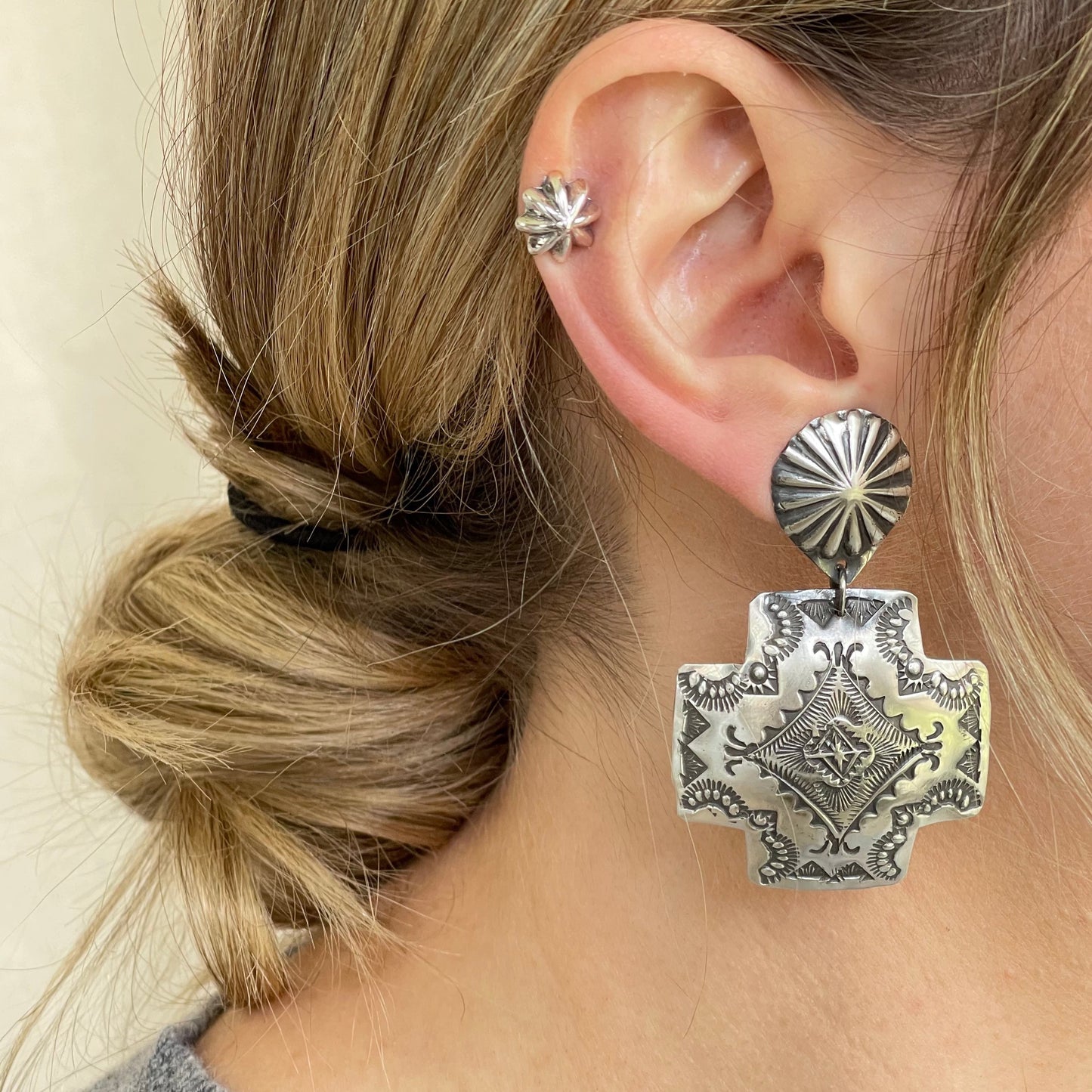 Silver Stamped Cross Earrings